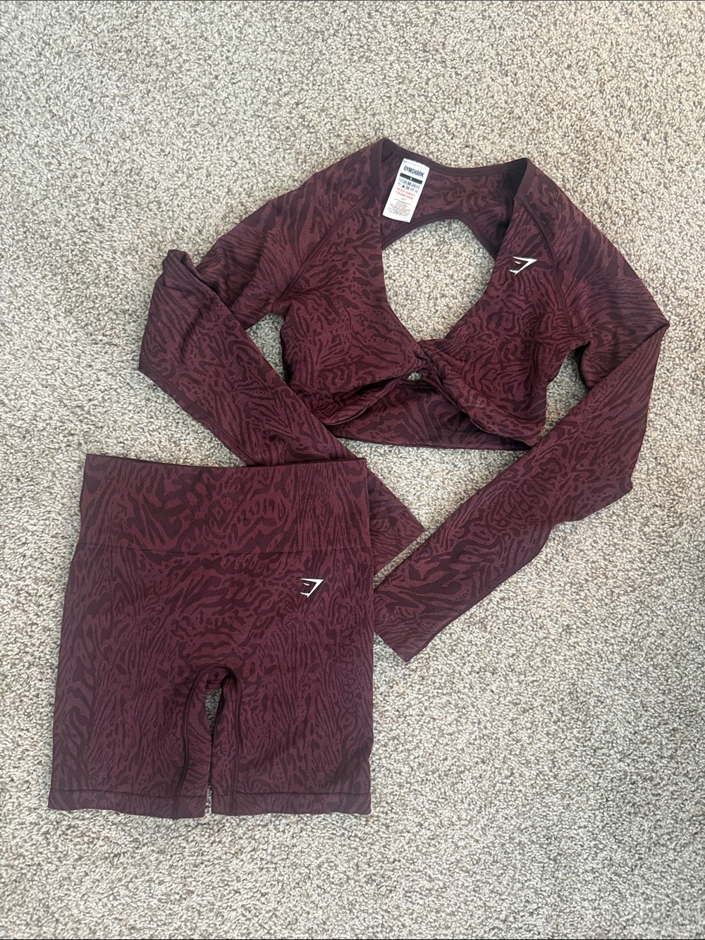 Gymshark Maroon Printed Long Sleeve Crop Top & Biker Shorts Set